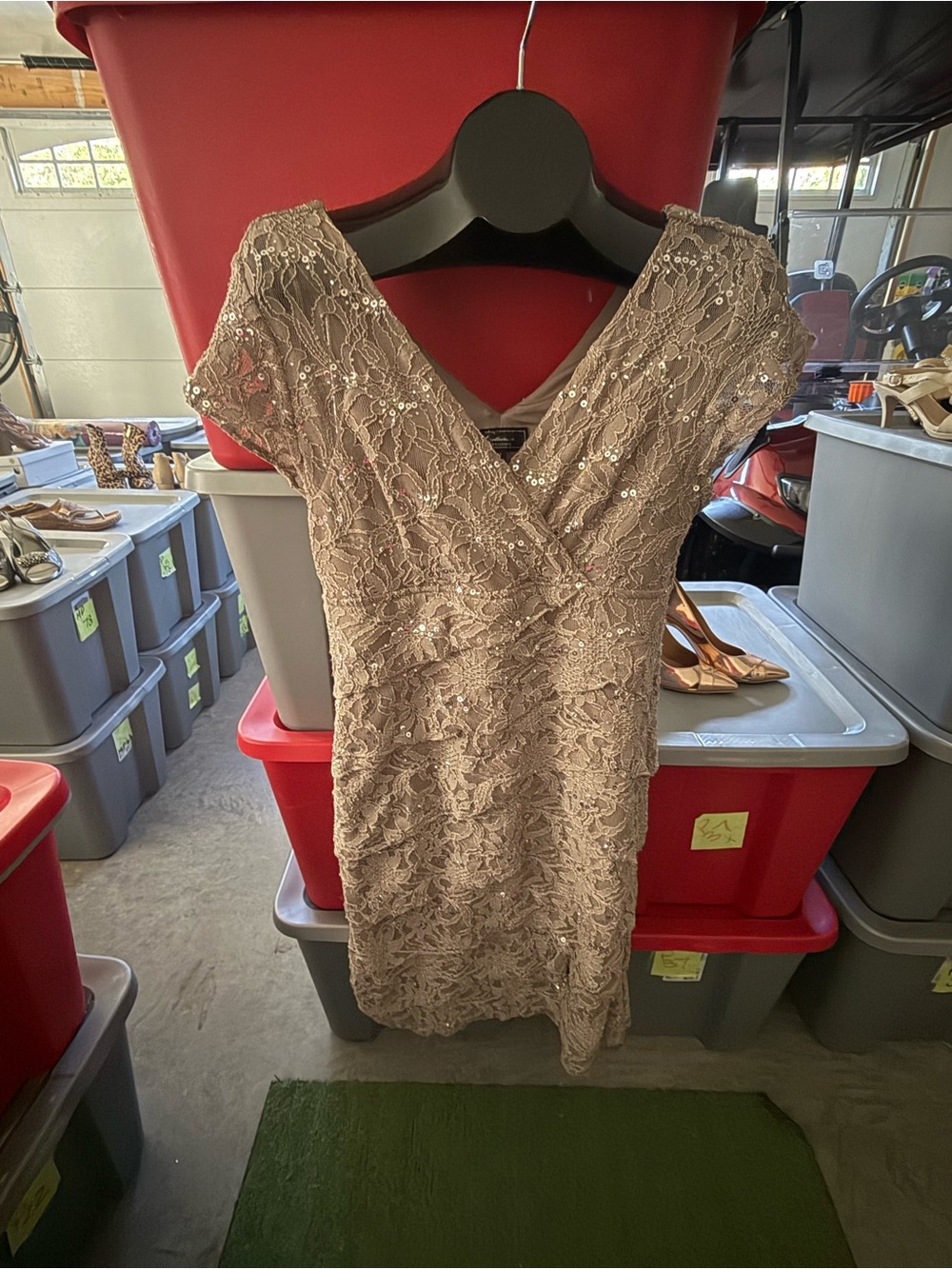 Lace Sequin V-Neck Sheath Dress in Taupe p28